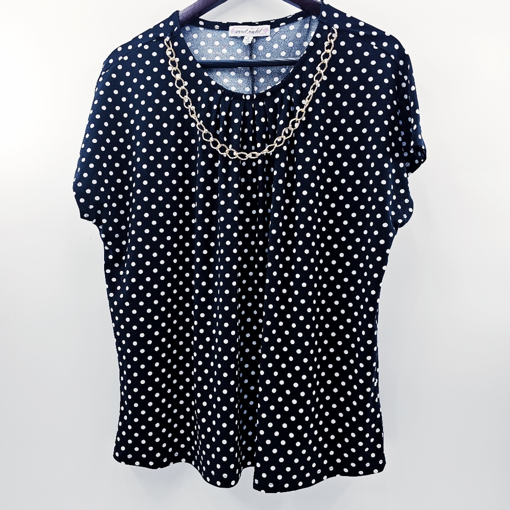 Sweetie Violet 2X Black & White Polka-dot Cup Sleeve Pullover Top